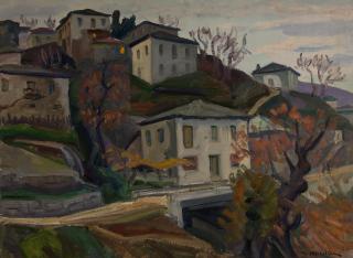 Zagora, Dusk from the Road, Small Bridge — Oil painting, Canvas, 54.00×73.00cm — Theodoros Markellos